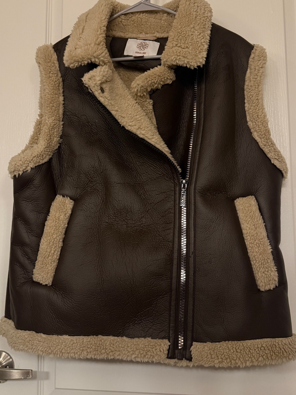 Sam & Libby Brown Faux Leather Vest with Cream Shearling